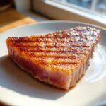 Close-up of a thick, seared tuna steak with visible grill marks, showing a rare pink center, perfect for a MARINADE FOR TUNA STEAK.