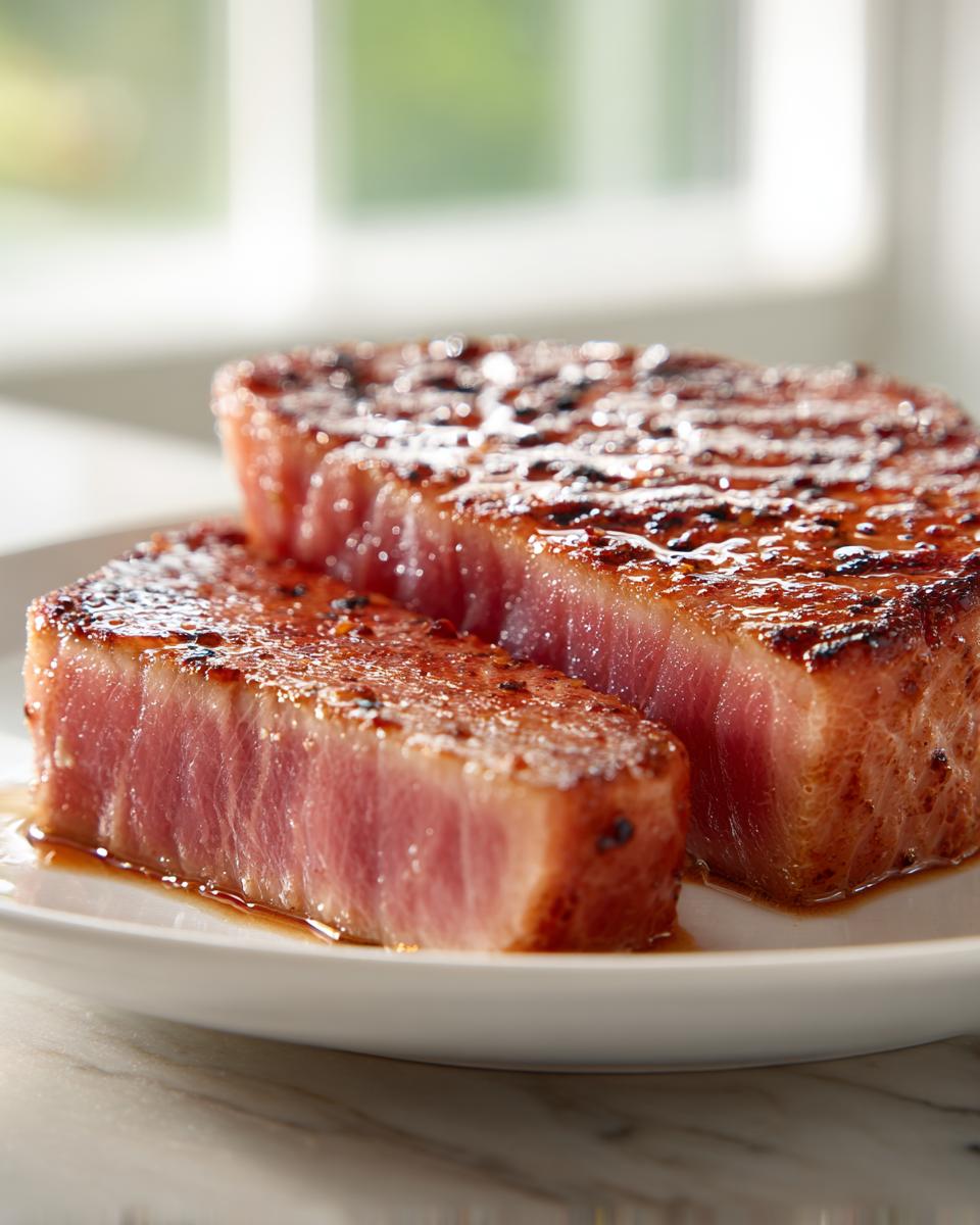 Two thick, perfectly seared tuna steaks showing a rare, pink center, coated in a glistening marinade.
