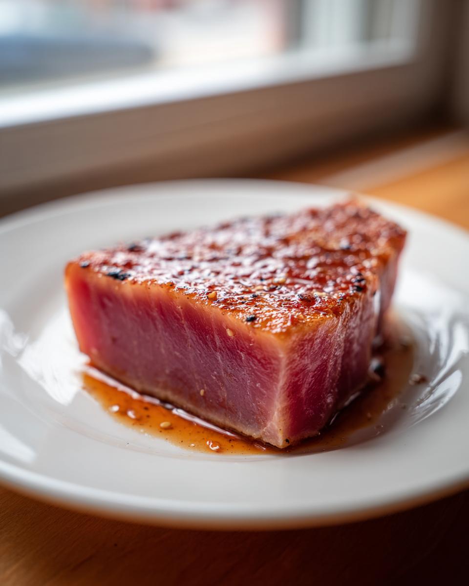 A perfectly seared tuna steak, rare in the center, resting in its flavorful MARINADE FOR TUNA STEAK on a white plate.