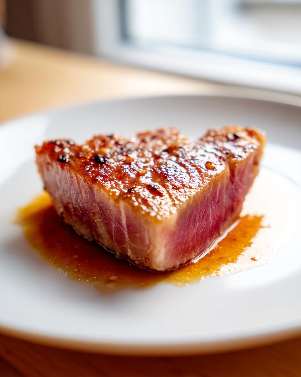Close-up of a perfectly seared tuna steak, rare in the center, resting in its glaze. Great MARINADE FOR TUNA STEAK.
