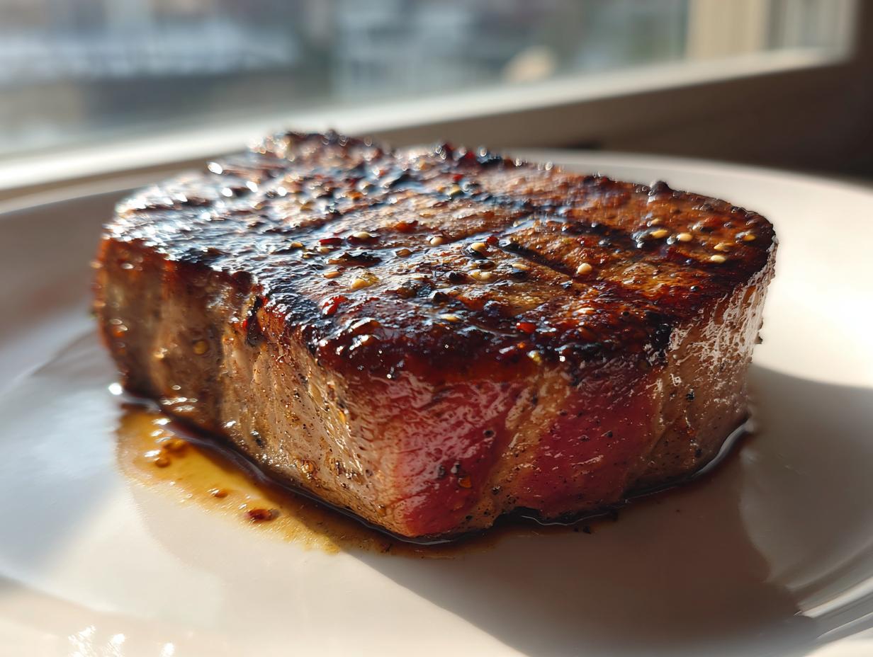 Close-up of a perfectly seared tuna steak, glistening with a glaze and sesame seeds, resting on a white plate.