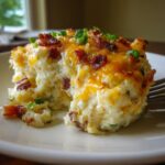 A close-up serving of creamy mashed potato casserole topped with melted cheddar cheese, bacon bits, and chives.