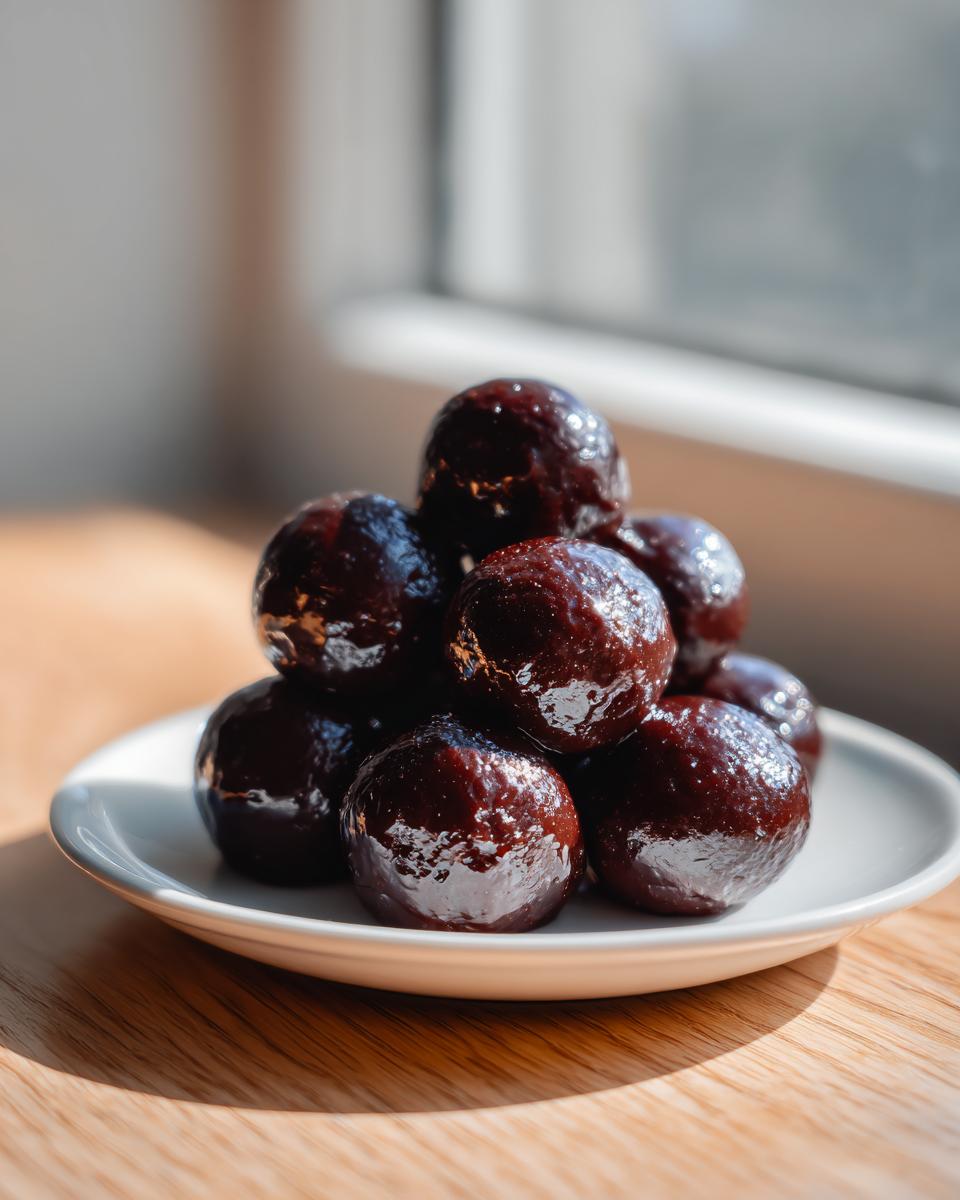 A stack of dark, glossy no-bake pecan pie balls piled high on a small white saucer.