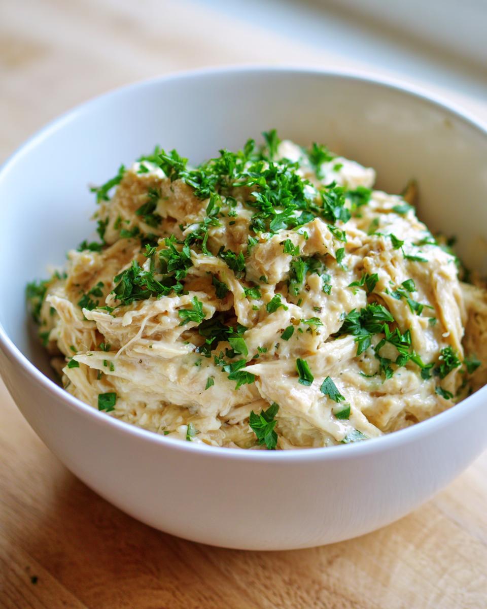 A white bowl filled with creamy, shredded slow cooker garlic parmesan chicken, topped generously with fresh chopped parsley.