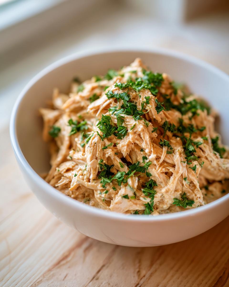 Close-up of shredded slow cooker garlic parmesan chicken topped with fresh parsley in a white bowl.