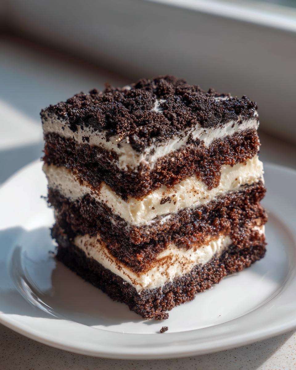 Close-up of a square slice of layered chocolate dirt cake with white cream filling and cookie crumbs on top.