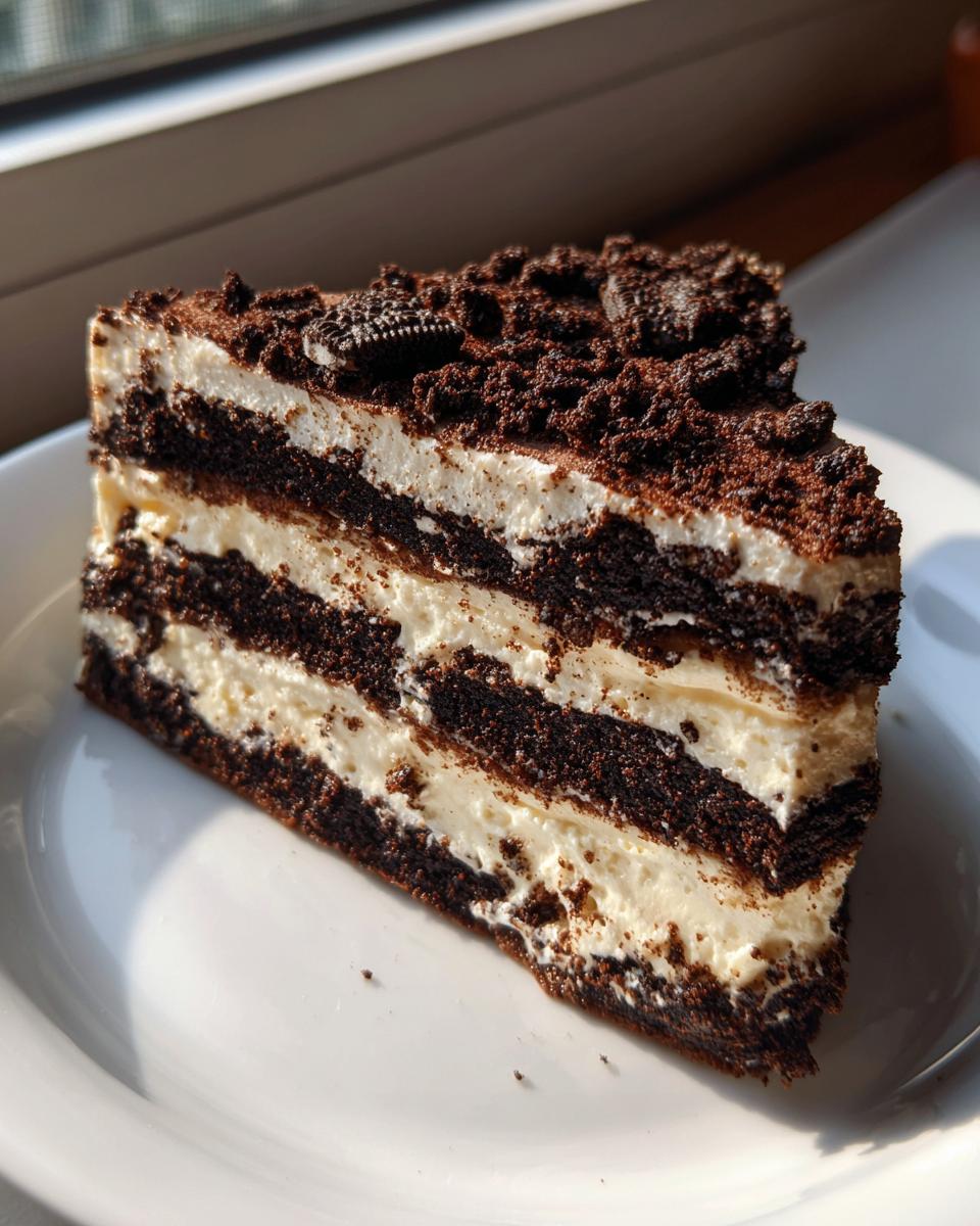 A tall slice of 4-layer dirt cake featuring dark chocolate cake layers and creamy filling, topped with cookie crumbs.
