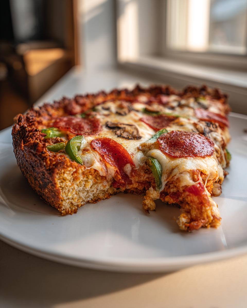Close-up of a thick slice of chicken crust pizza with melted cheese, pepperoni, and green peppers, showing the textured crust.