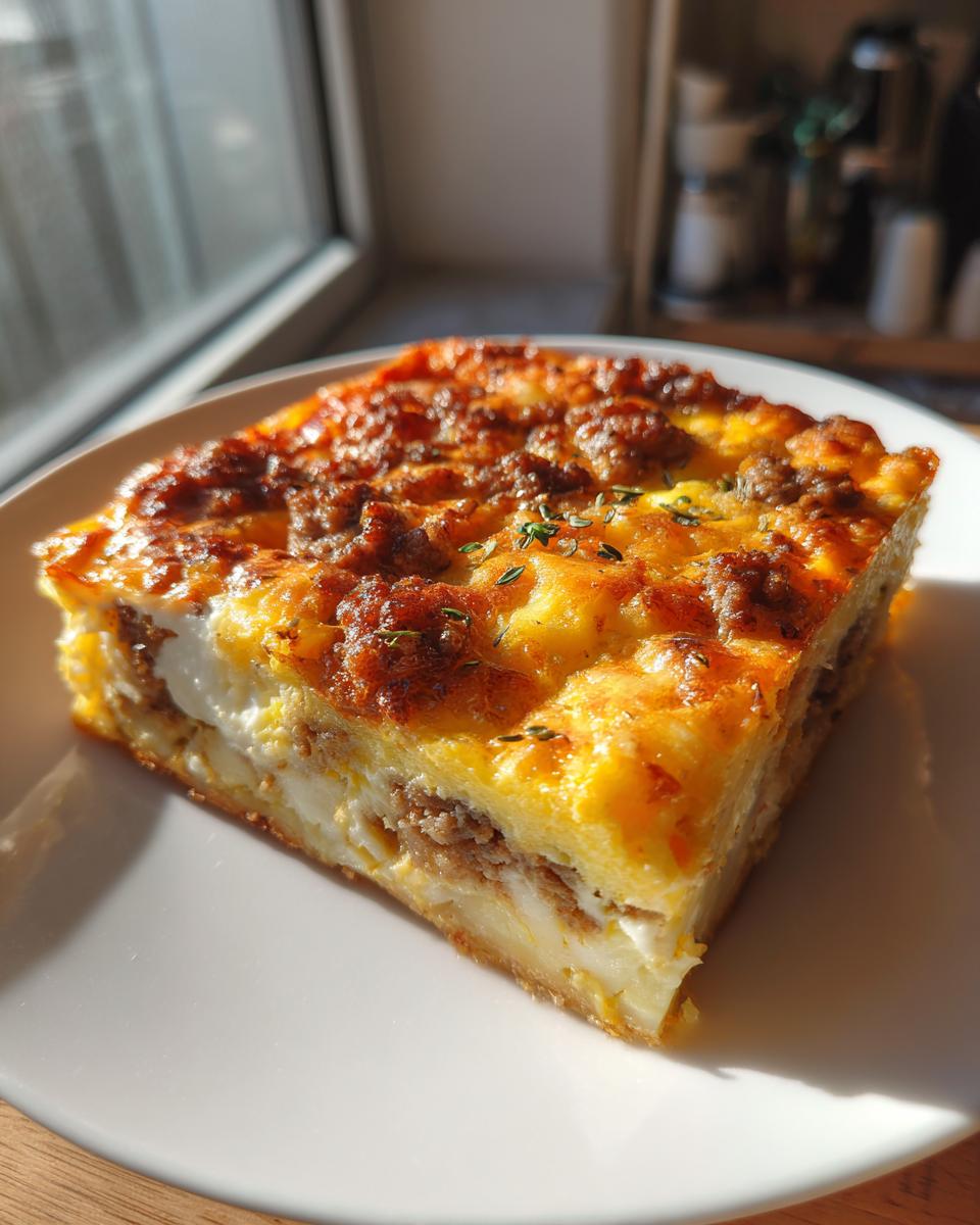 A golden-brown slice of savory Christmas breakfast casserole with sausage and egg layers on a white plate.