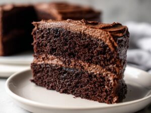 Close-up of a moist slice of homemade chocolate cake layered with dark chocolate frosting on a light plate.