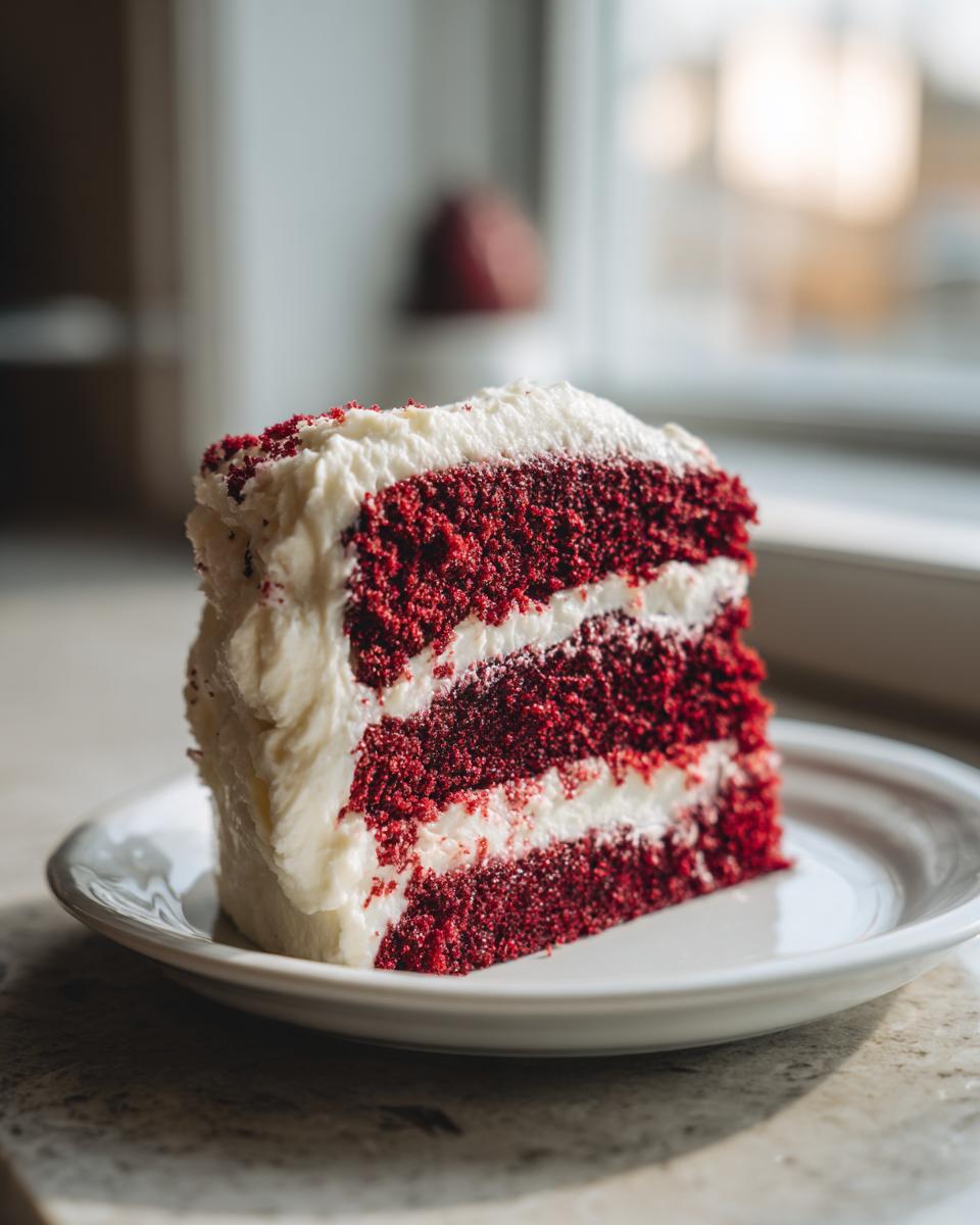 A tall, moist slice of red velvet cake with three layers of deep red cake separated by thick white cream cheese frosting.