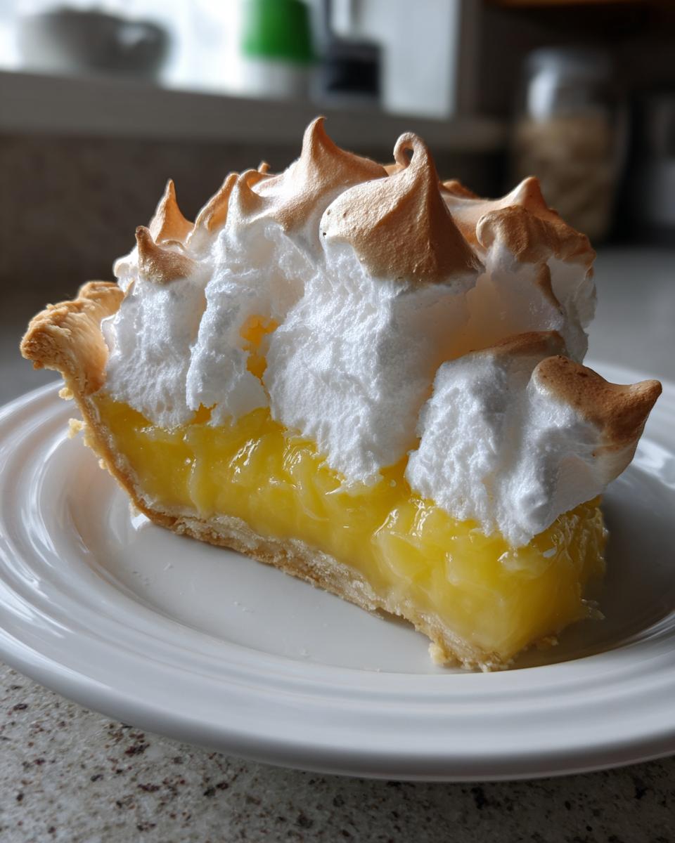 A close-up of a slice of lemon meringue pie showing bright yellow filling and tall, toasted meringue peaks.