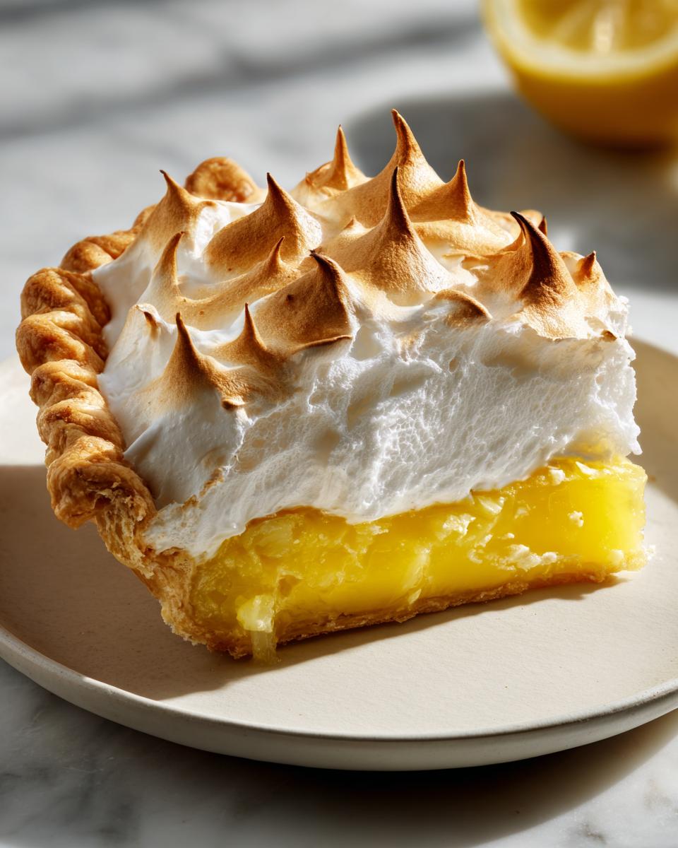 A close-up slice of lemon meringue pie showing thick, bright yellow filling and tall, perfectly browned meringue peaks.