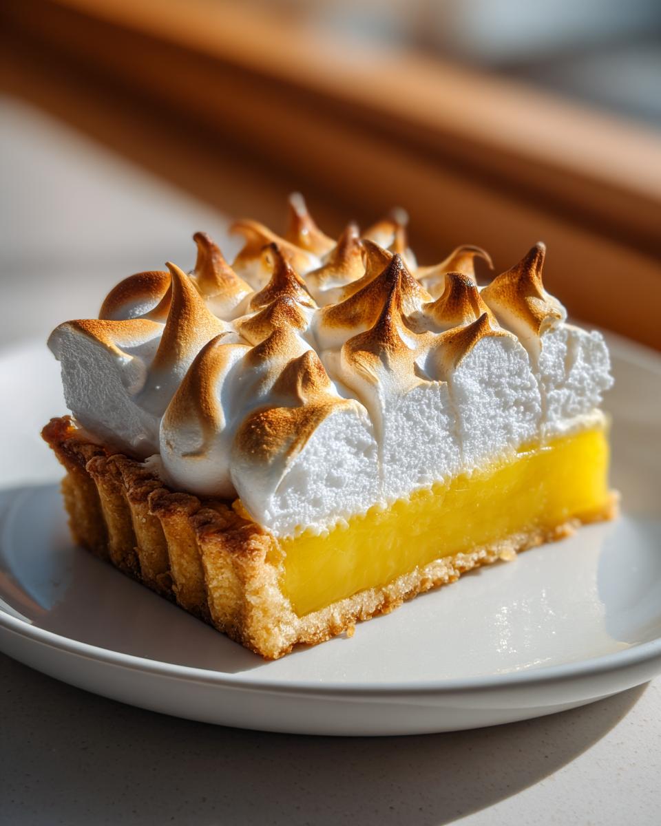 A close-up slice of lemon meringue pie showing bright yellow curd, flaky crust, and tall, torched meringue peaks.