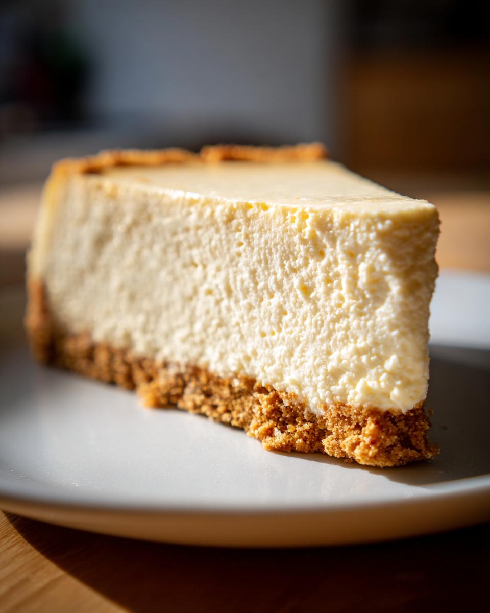 A close-up, sunlit slice of creamy No bake cheesecake showing the thick filling and crumbly graham cracker crust.
