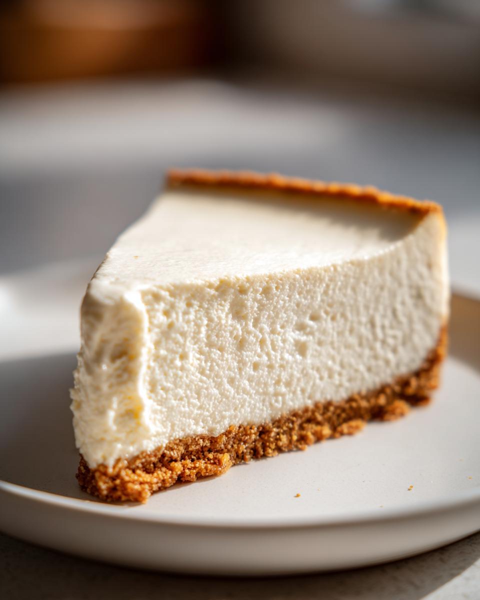 A close-up, sunlit slice of creamy No bake cheesecake with a thick graham cracker crust on a white plate.