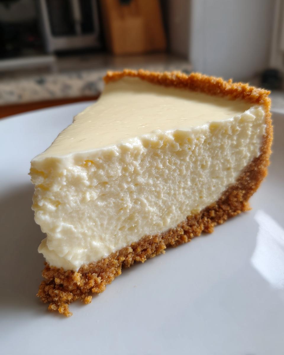 A perfect slice of creamy No bake cheesecake showing a thick, smooth filling and a crumbly graham cracker crust on a white plate.