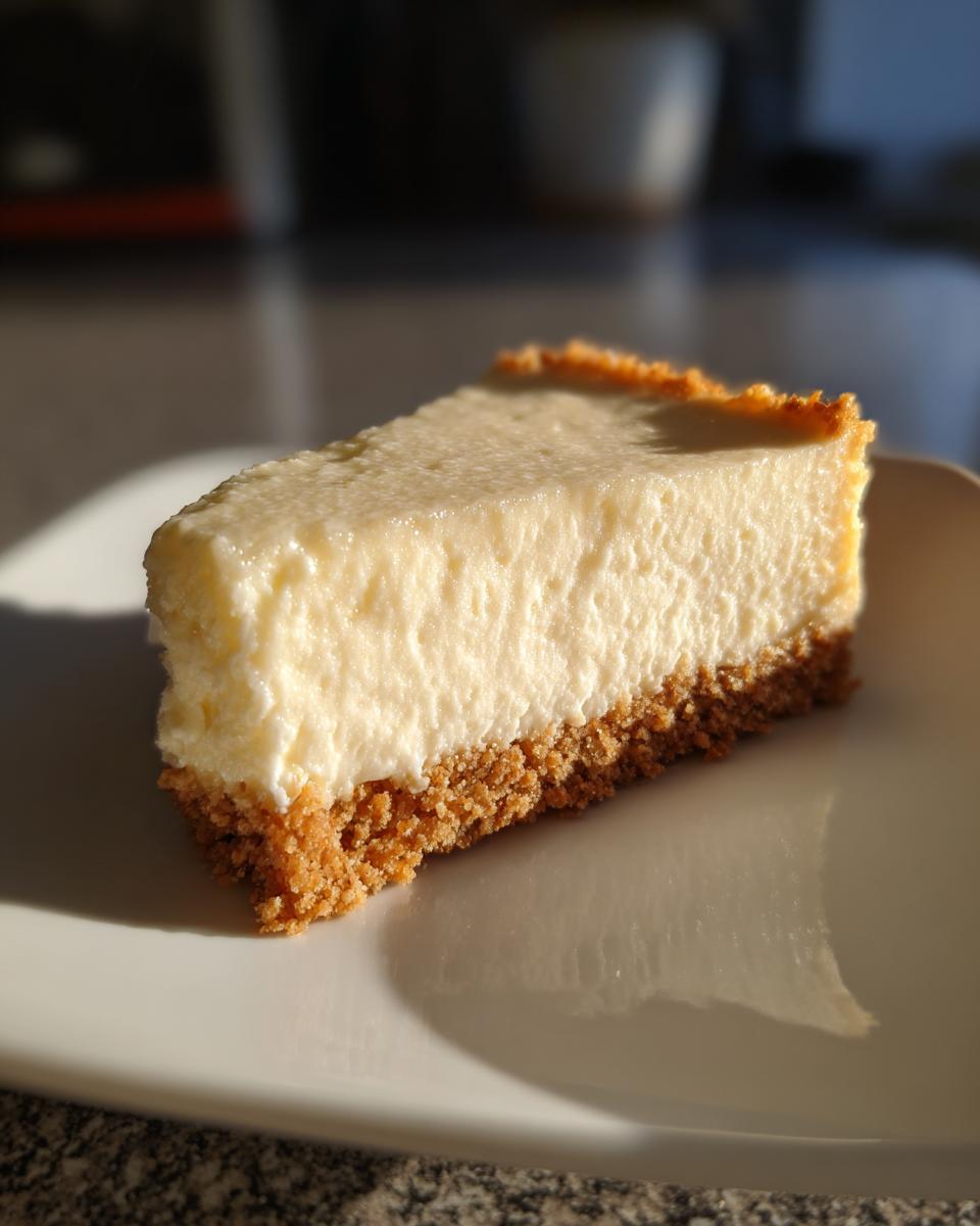 A perfect slice of creamy No bake cheesecake resting on a white plate, showing the thick filling and graham cracker crust.