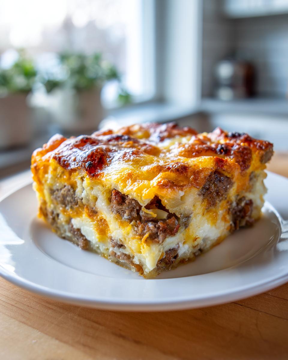 A thick slice of cheesy, baked christmas breakfast casserole with visible layers of sausage and egg on a white plate.