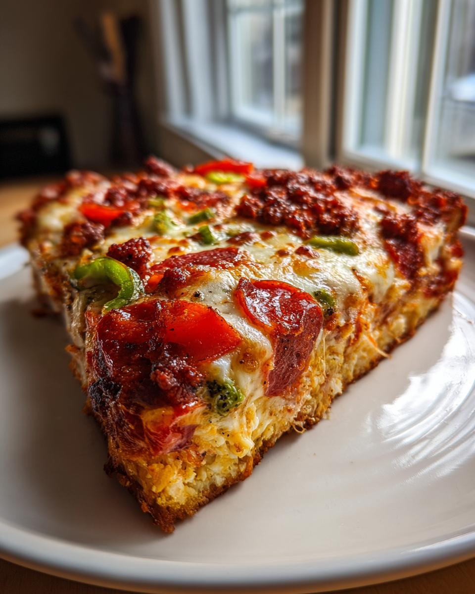 A thick, deep-dish slice of chicken crust pizza topped with pepperoni, sauce, cheese, and peppers.