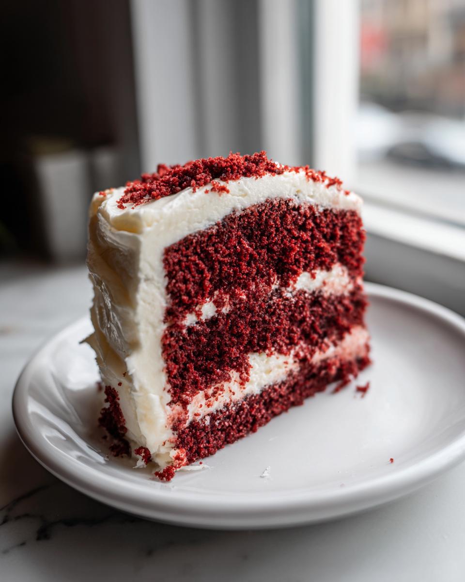 A moist slice of red velvet cake layered with white cream cheese frosting, topped with red crumbs.
