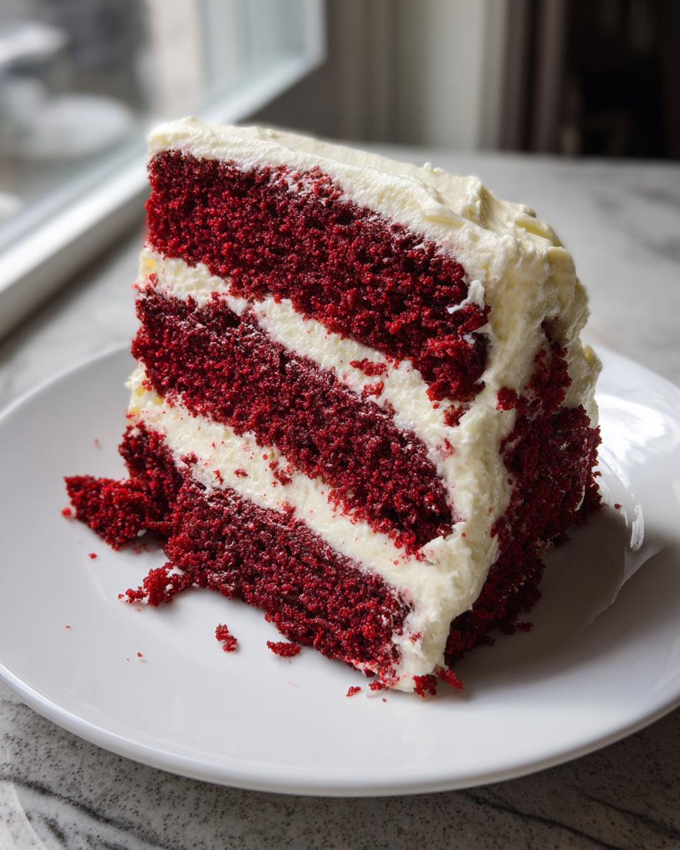 A tall slice of moist red velvet cake layered with thick white cream cheese frosting on a white plate.
