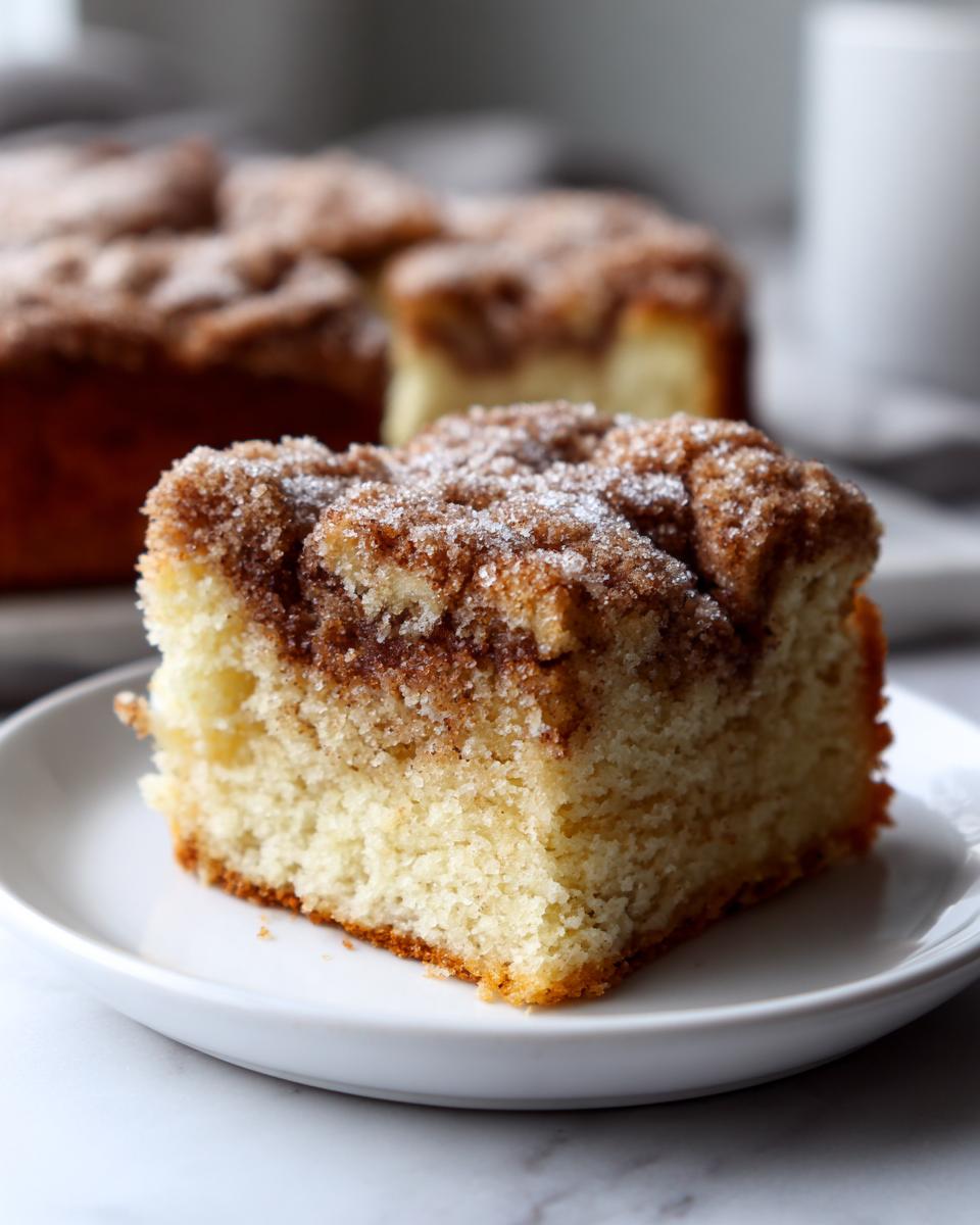 A close-up of a moist slice of sour cream coffee cake featuring a thick cinnamon streusel topping sprinkled with sugar.