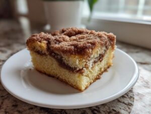 A moist slice of sour cream coffee cake featuring a thick cinnamon streusel topping, served on a white plate.