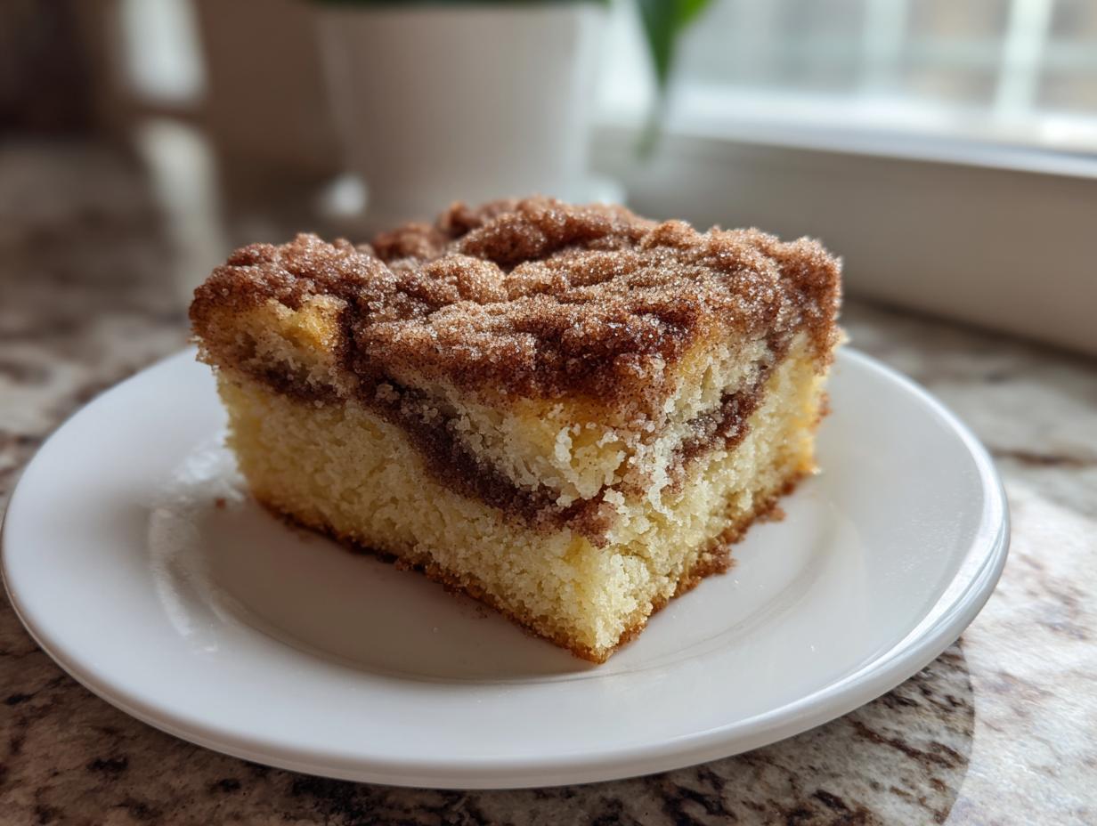 A moist slice of sour cream coffee cake featuring a thick cinnamon streusel topping, served on a white plate.