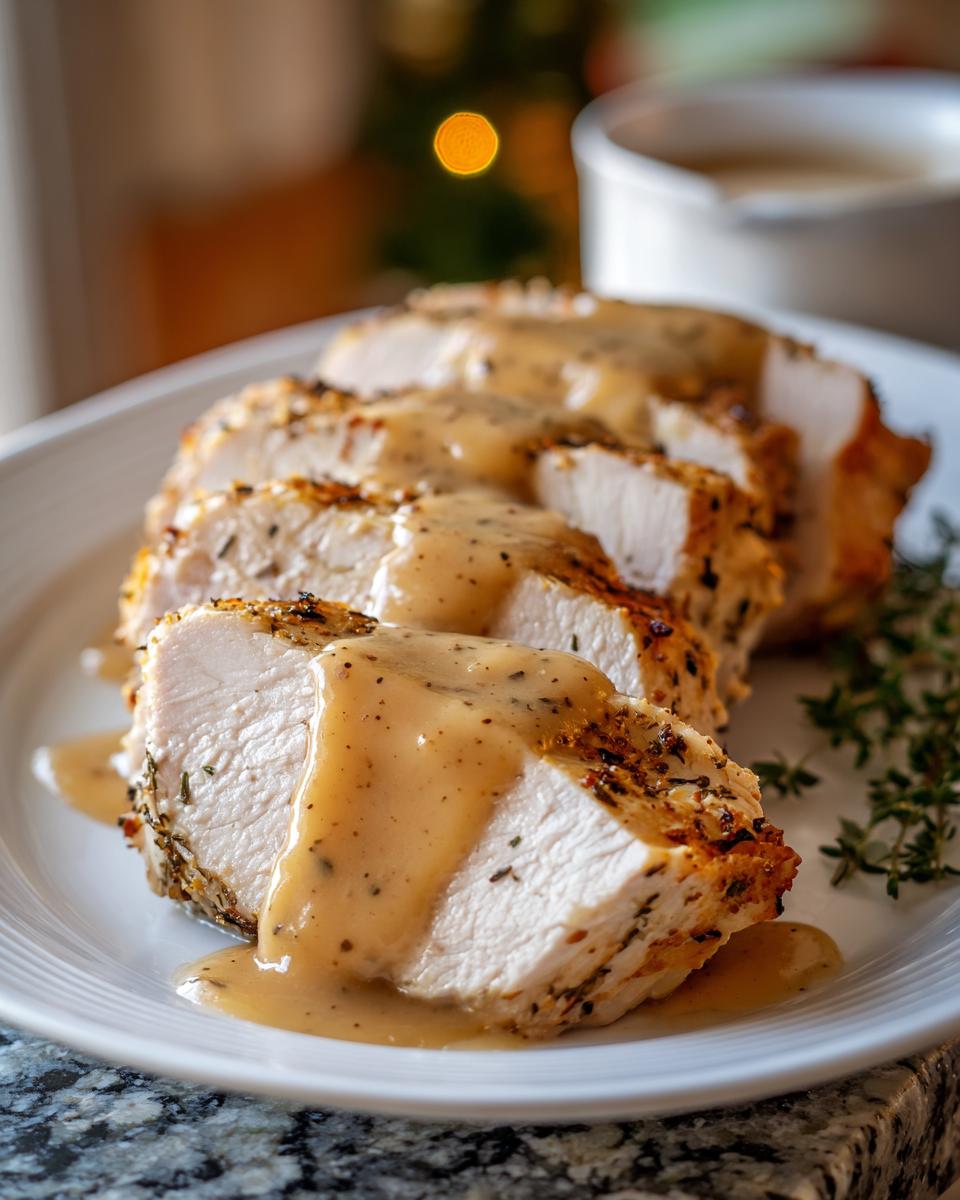 Slices of moist instant pot turkey breast seasoned with herbs and covered in savory gravy.