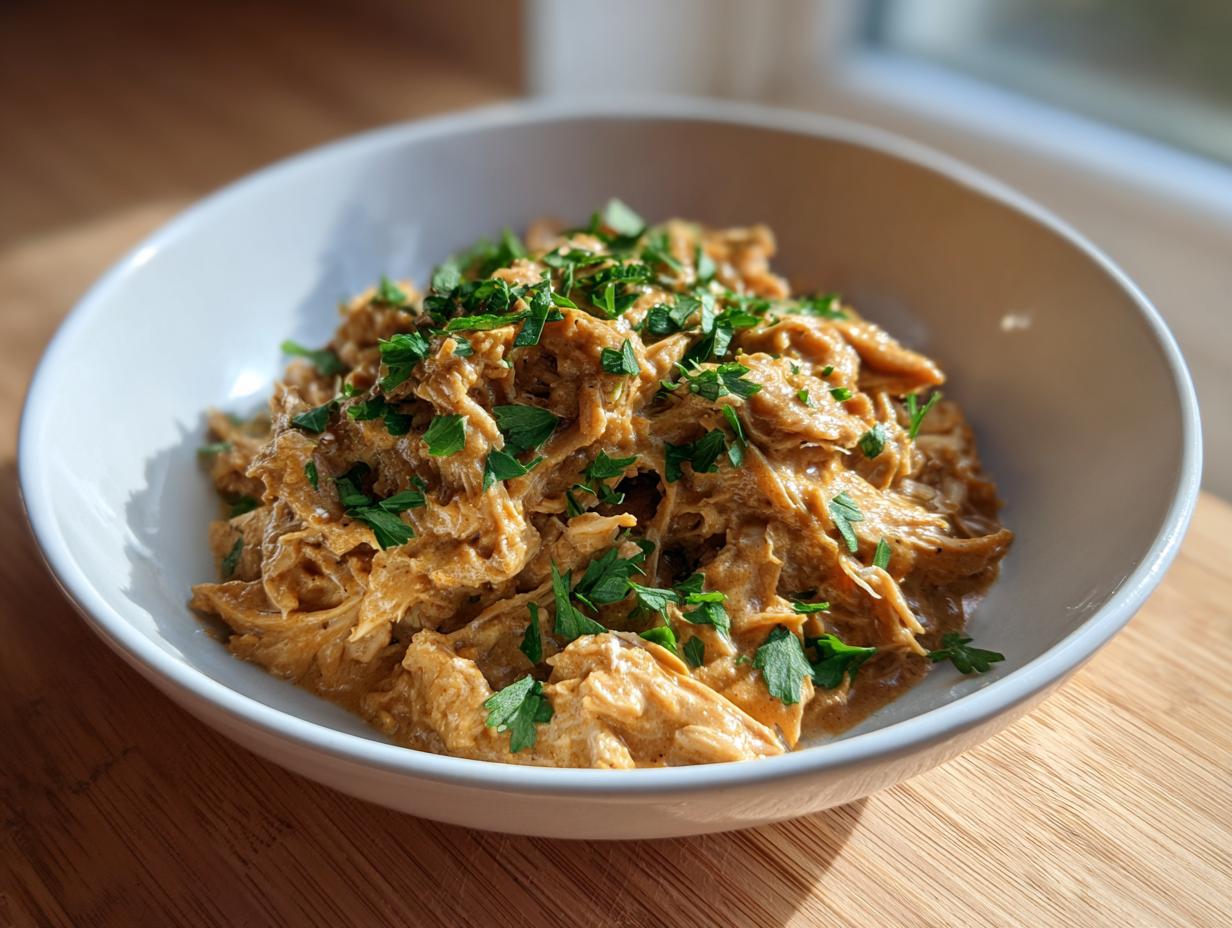 A white bowl filled with creamy, shredded slow cooker garlic parmesan chicken, topped with fresh parsley.