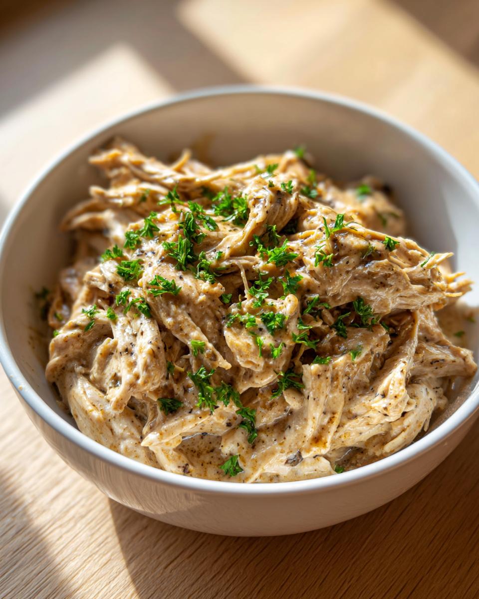 Close-up of shredded slow cooker garlic parmesan chicken coated in creamy sauce and topped with fresh parsley.