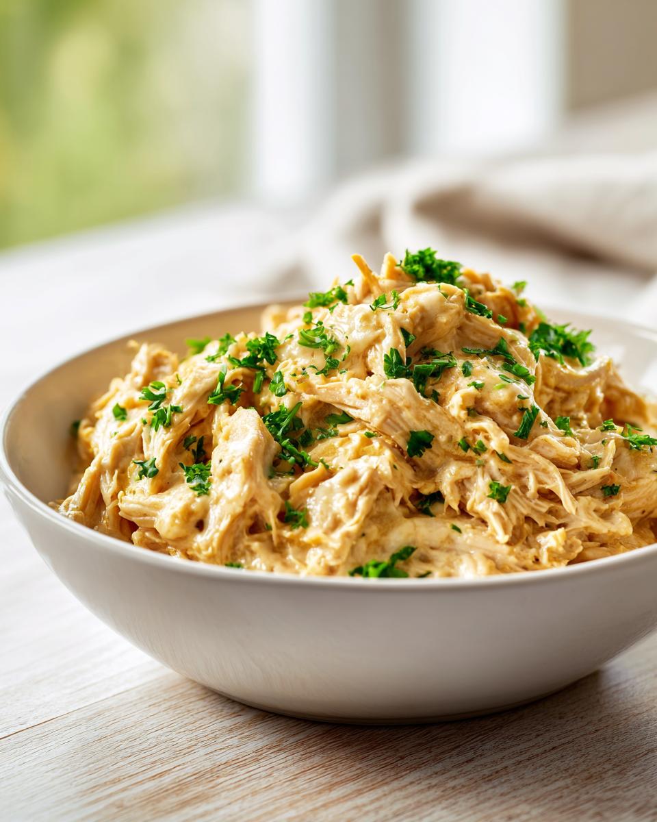 A white bowl filled with creamy, shredded slow cooker garlic parmesan chicken, topped with fresh parsley.