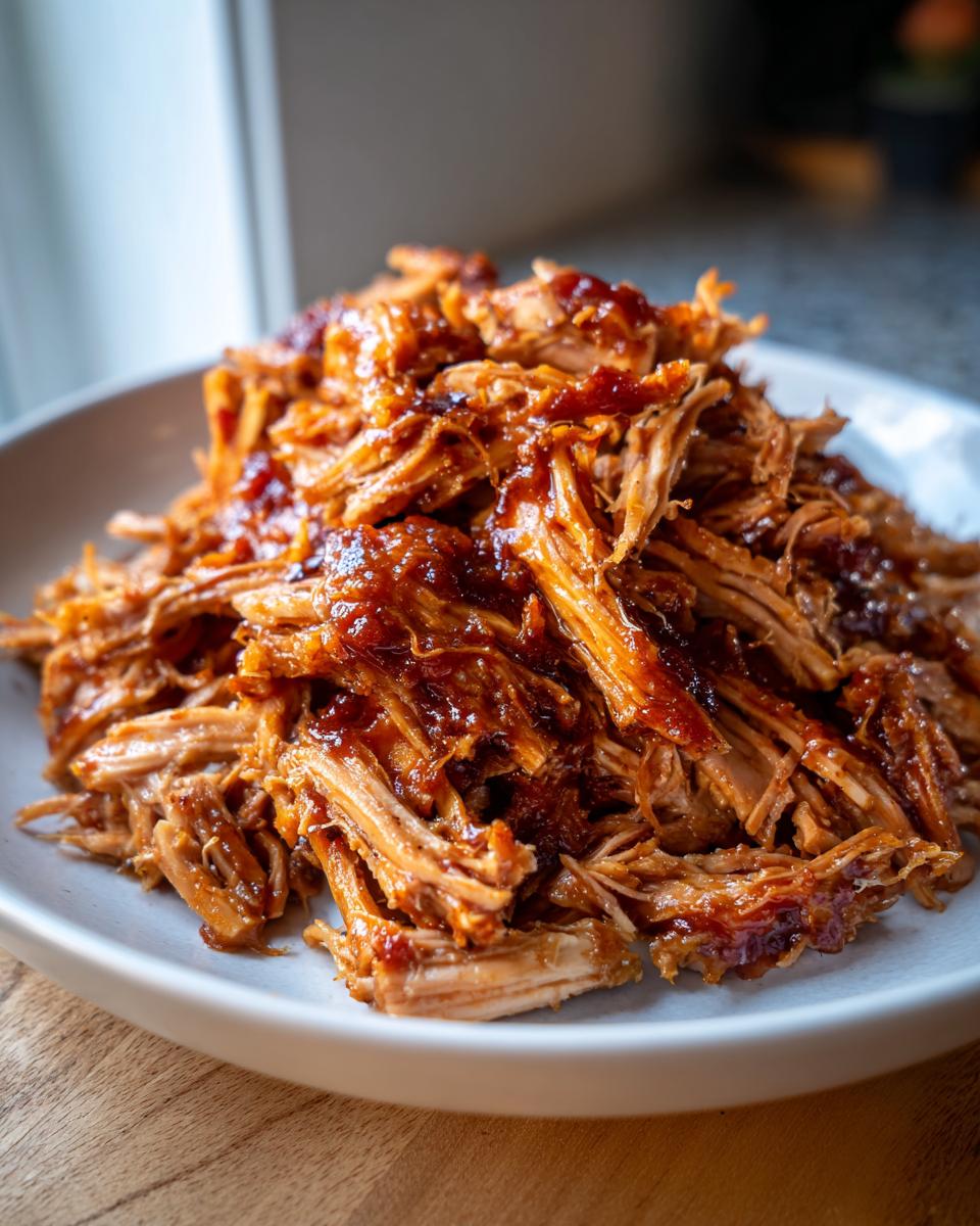 A close-up of tender, shredded Slow Cooker Pulled Pork generously coated in rich BBQ sauce, served on a white plate.