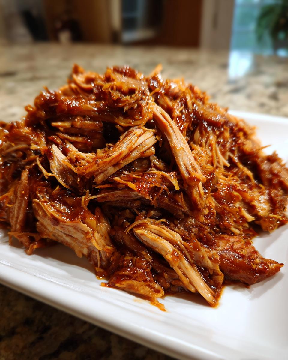 Close-up of tender, shredded Slow Cooker Pulled Pork coated in rich BBQ sauce on a white platter.