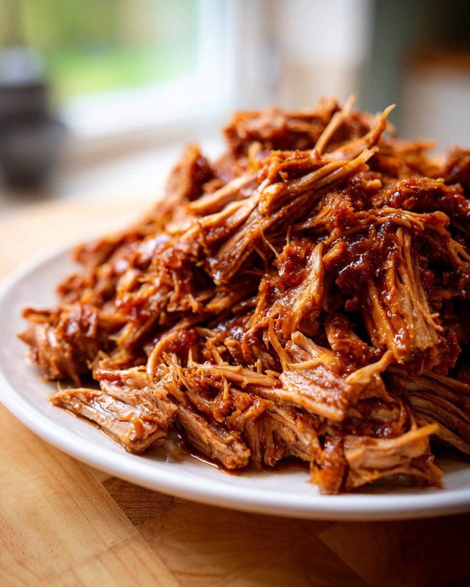 A close-up of tender, saucy Slow Cooker Pulled Pork piled high on a white plate.
