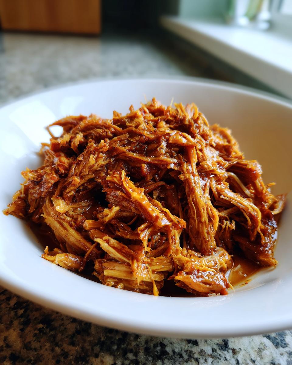 Close-up of tender, saucy Slow Cooker Pulled Pork shredded and served in a white bowl.