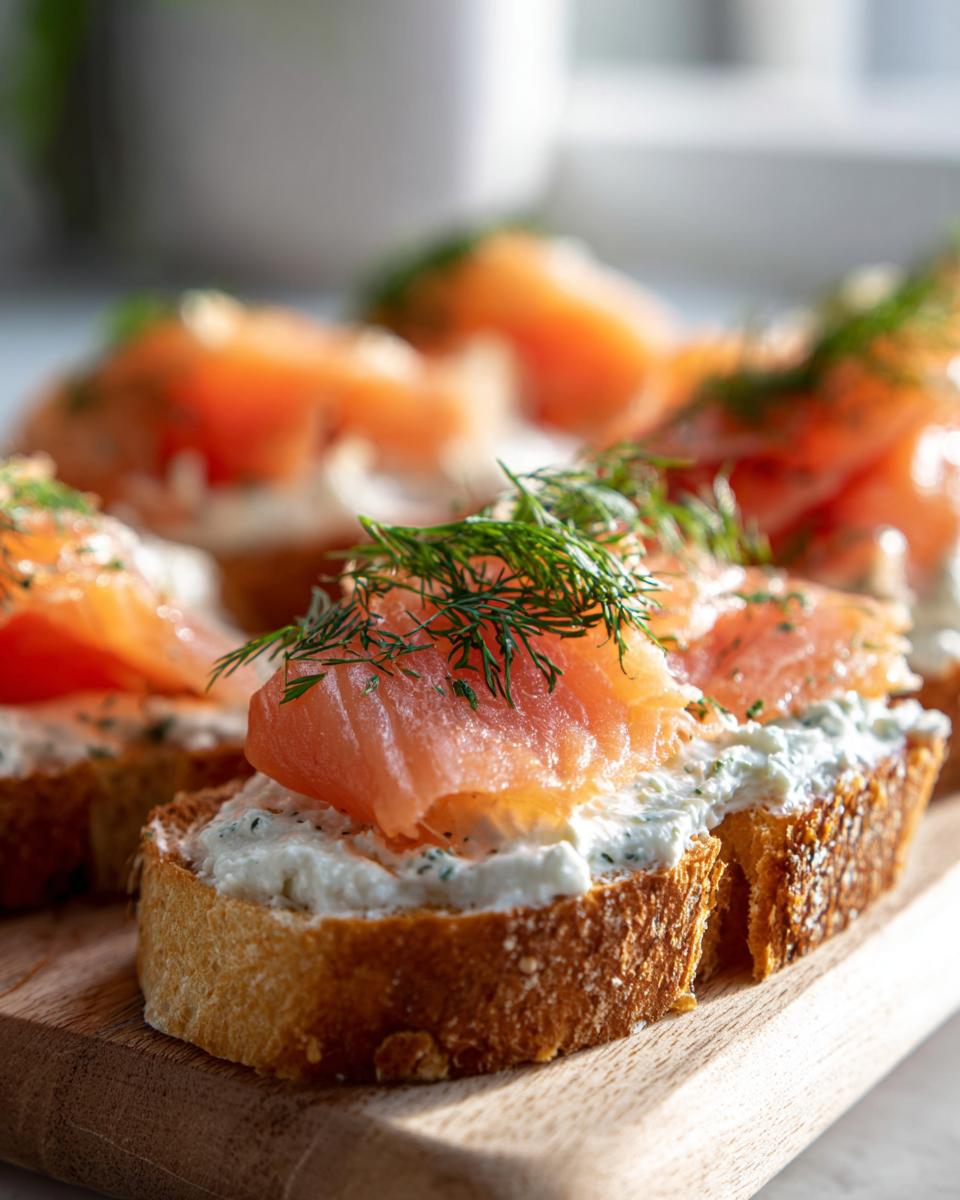 Close-up of a crostini topped with cream cheese and folded smoked salmon, garnished with fresh dill.