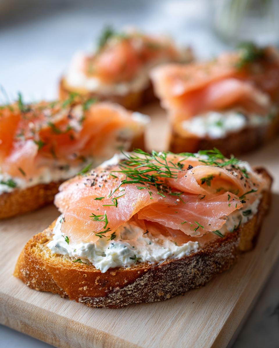 Close-up of a crostini topped with cream cheese, folded smoked salmon, and fresh dill.