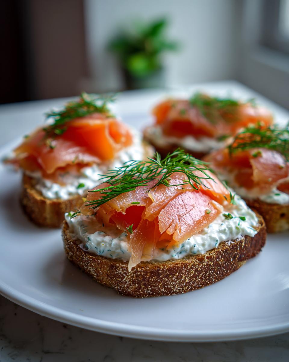Four pieces of toast topped with cream cheese spread, smoked salmon, and fresh dill garnish.