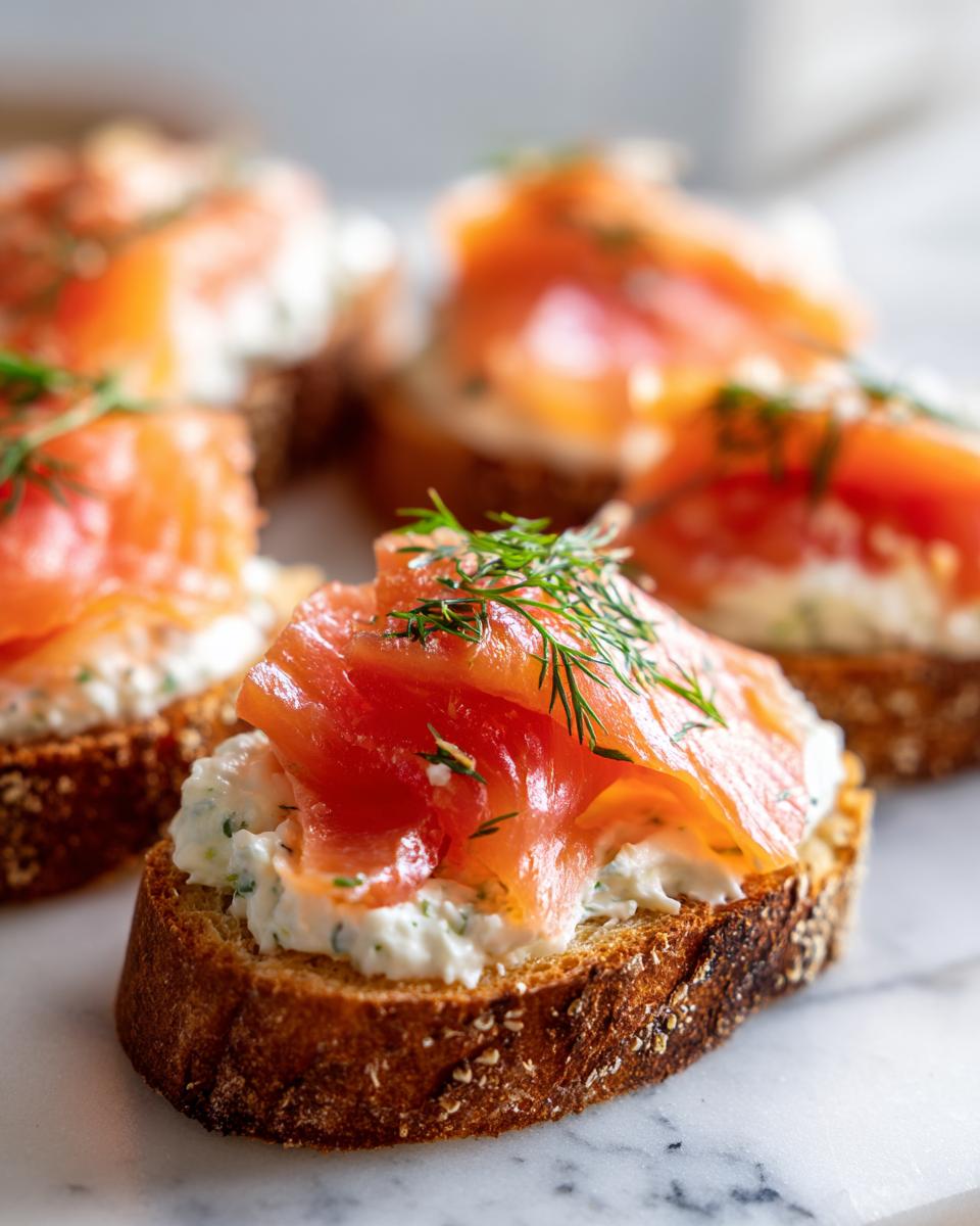Close-up of a toasted bread slice topped with cream cheese spread and folded smoked salmon, garnished with fresh dill.