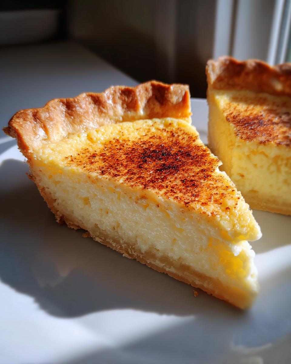 Close-up of a perfectly baked slice of custard pie showing the smooth filling and browned cinnamon topping.