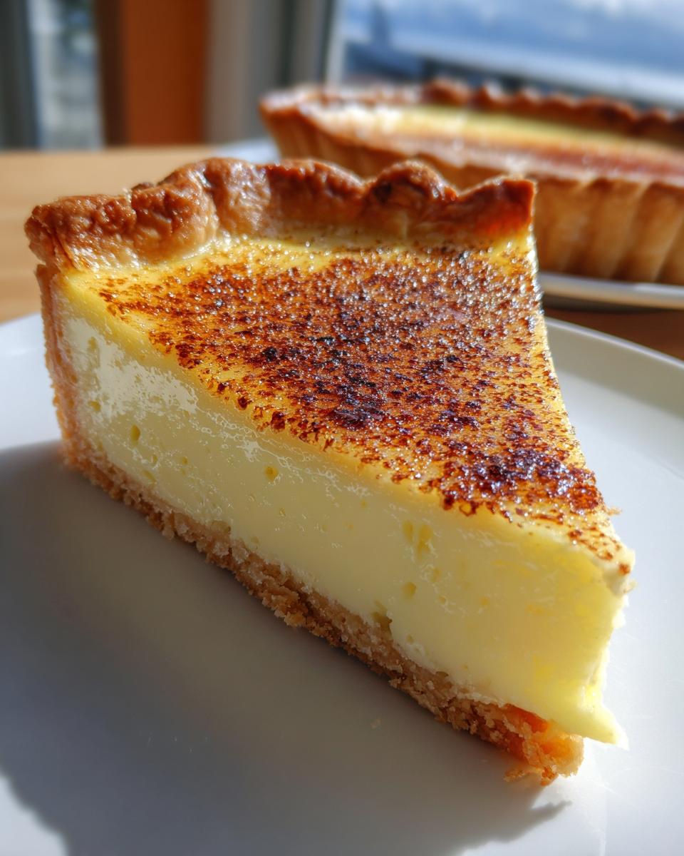 Close-up of a perfect slice of creamy custard pie with a golden, torched sugar crust.