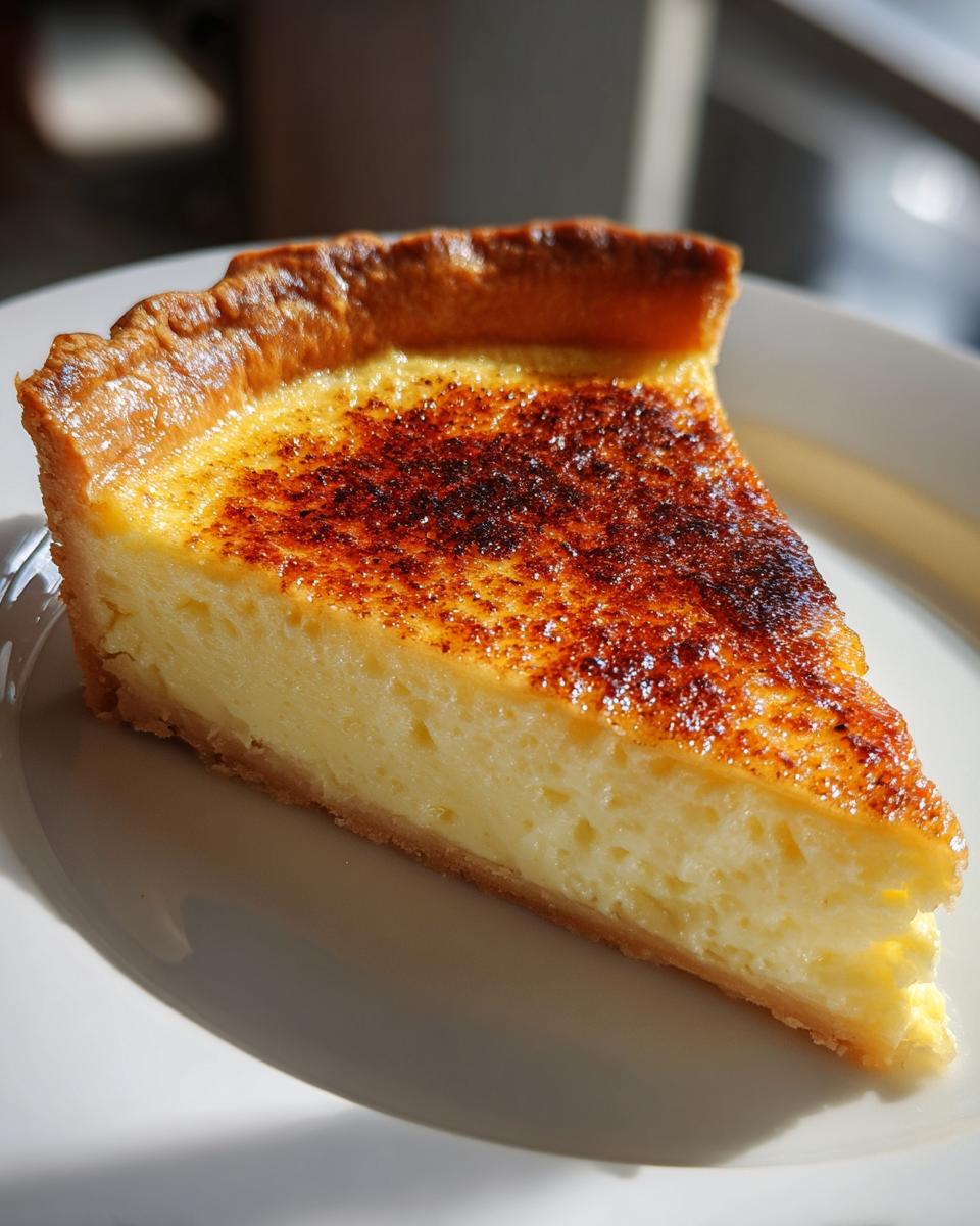 A perfect slice of smooth custard pie with a golden, slightly caramelized, torched top, resting on a white plate.
