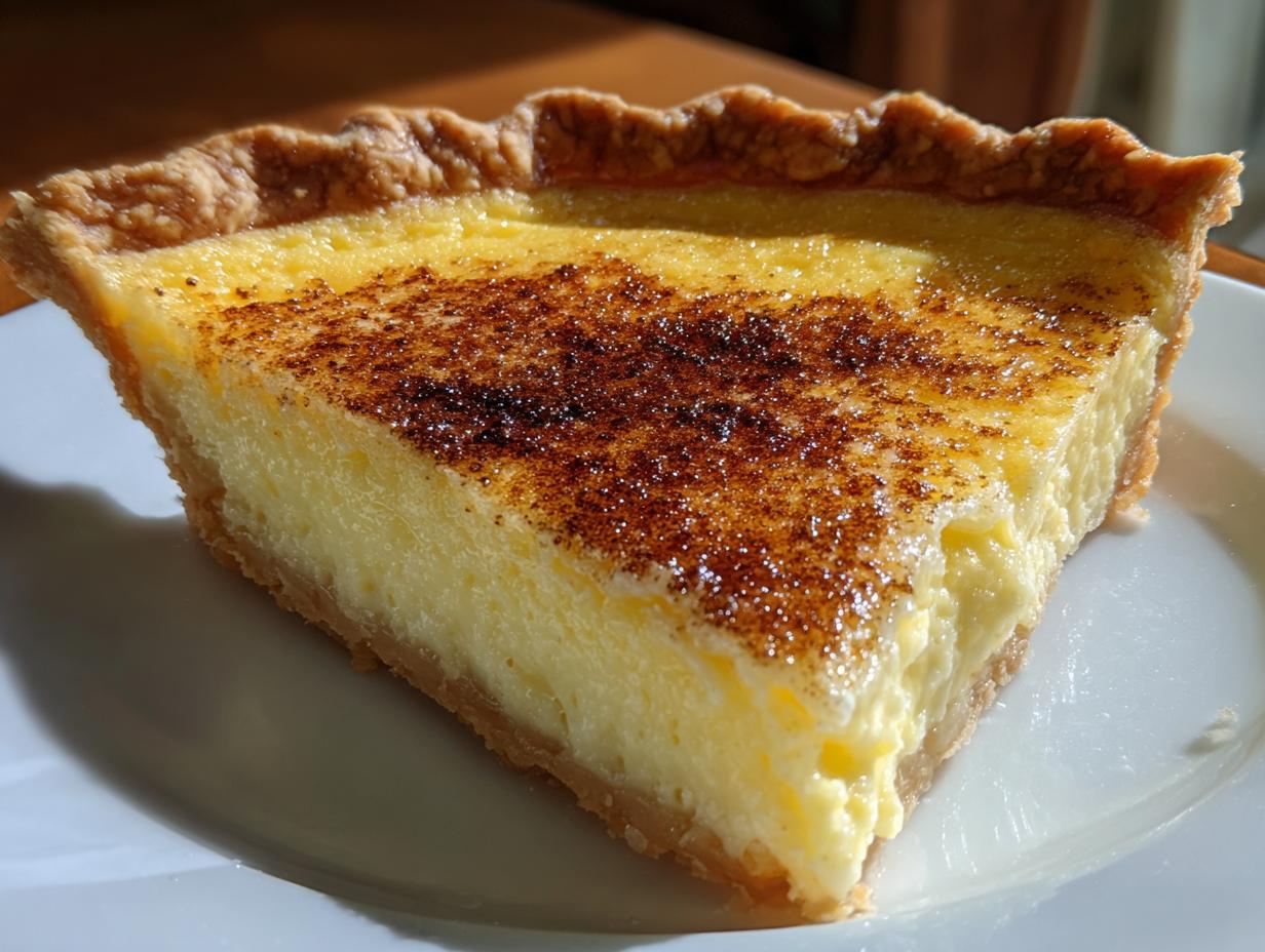 A close-up slice of smooth custard pie with a golden, nutmeg-dusted top, resting on a white plate.