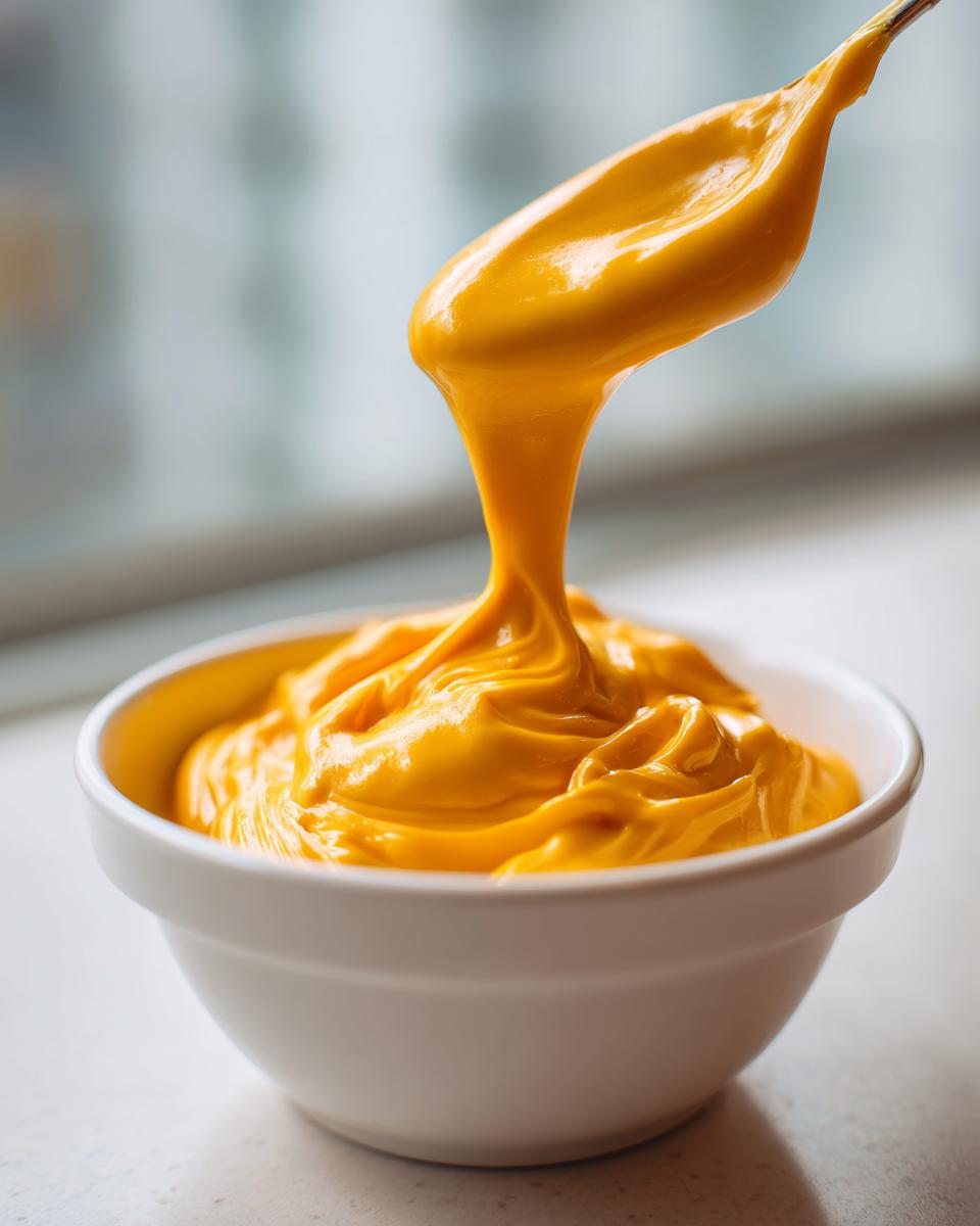 A spoonful of thick, vibrant orange nacho cheese sauce dripping back into a white bowl.