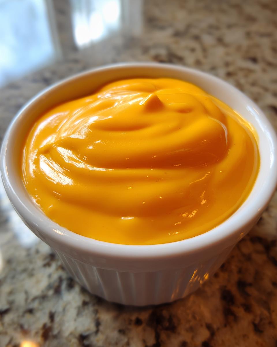 Close-up of vibrant, smooth nacho cheese sauce filling a small white ramekin.