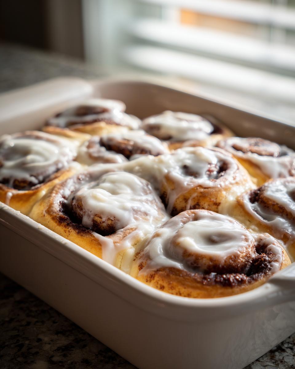 A baking dish filled with soft, freshly baked cinnamon buns topped with thick white icing.