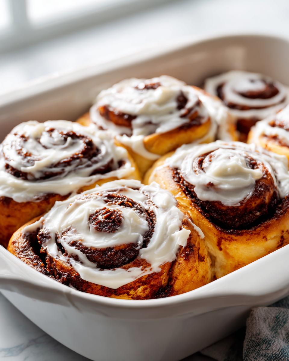 Close-up of several soft cinnamon buns topped with thick white cream cheese frosting in a white baking dish.