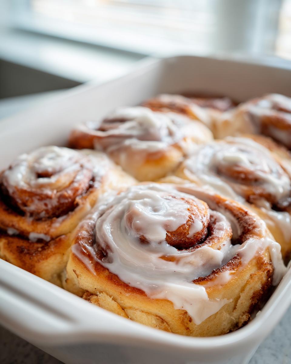 Close-up of soft, freshly baked cinnamon buns topped with thick white icing in a white baking dish.
